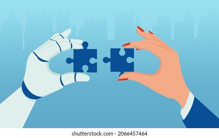 Vector of a robot and a business woman matching puzzle pieces 