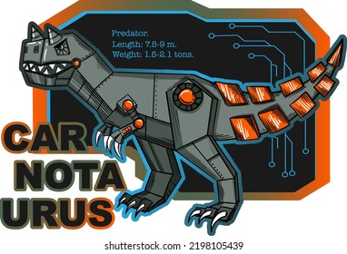 Vector robot dinosaur with huge teeth. Carnotaurus on technology background. 