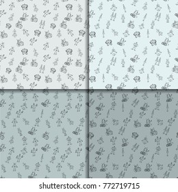 Vector robot doodle seamless pattern set. Concept of science and future. Cartoon style. Hand-drawn outline monochrome illustration.