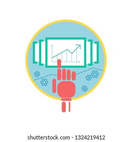 vector robot hand clicking on an icon with a chart turning over pictures with diagrams and gears, a round icon for websites web pages of other Internet resources, T-shirt and fabric print