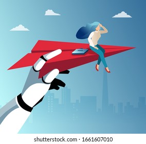 Vector of a robot hand holding paper plane with a female student helping her to take off and excel in career 