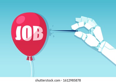 Vector of a robot hand with a needle ready to bursts a balloon job market. 