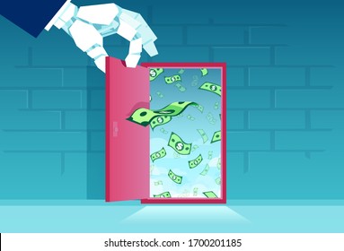 Vector of a robot hand opening a door of financial opportunities with dollar banknotes flying in