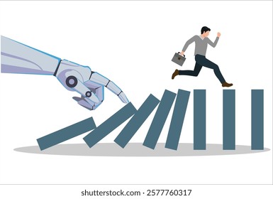 Vector of a robot hand pushing dominoes while businessman runing away from falling effect. Human vs AI concept
