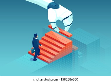 Vector Of A Robot Hand Stacking Blocks As A Stair To Assist Businessman Career Growth And Success