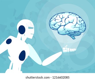 Vector of a robot holding and looking at human brain. Concept of automation and technology.