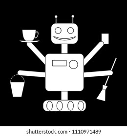 Vector of robot - housewife
,cleaning house
 and bringing tea
