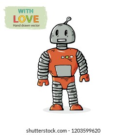 Vector robot kid toy hand draw in doodle style,isolated on a white background with shadow.Children toy.Vector character toy.