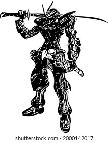 vector of a robot knight carrying a sword