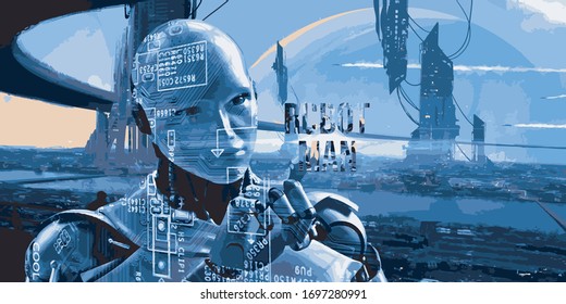 Vector  robot man in the city of the future
