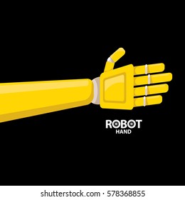 vector robot orange hand isolated on black background. vector robotic arm symbol. technology background design template.
