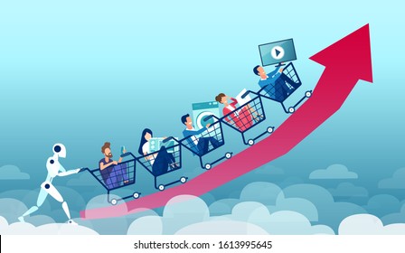 Vector of a robot pushing customer spending, consumer carts up