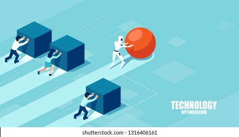 Vector of a robot pushing a sphere leading the race against a group of slower businesspeople pushing boxes. Technology optimization in business concept