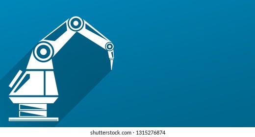 vector robotic arm symbol on blue horizontal banner background. robot hand. Horizontal technology background design template. 