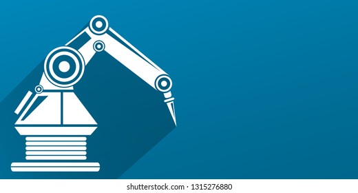 vector robotic arm symbol on blue horizontal banner background. robot hand. Horizontal technology background design template. 
