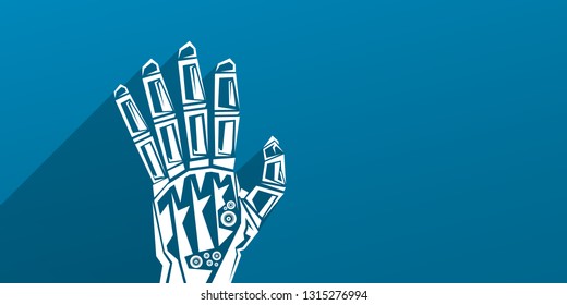 vector robotic arm symbol on blue horizontal banner background. robot hand. Horizontal technology background design template. 