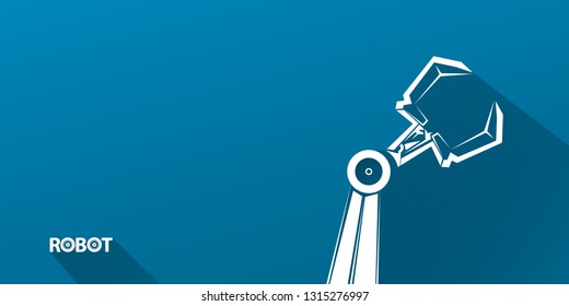 vector robotic arm symbol on blue horizontal banner background. robot hand. Horizontal technology background design template. 