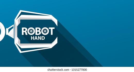 vector robotic arm symbol on blue horizontal banner background. robot hand. Horizontal technology background design template. 