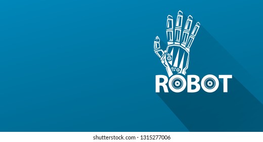 vector robotic arm symbol on blue horizontal banner background. robot hand. Horizontal technology background design template. 