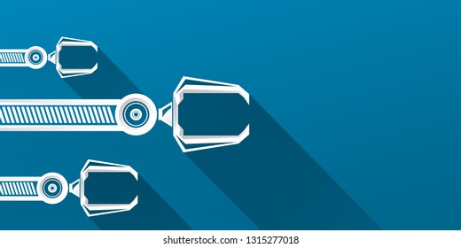 vector robotic arm symbol on blue horizontal banner background. robot hand. Horizontal technology background design template. 