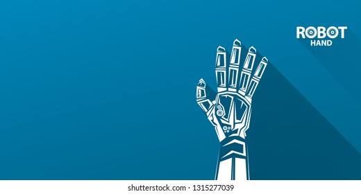 vector robotic arm symbol on blue horizontal banner background. robot hand. Horizontal technology background design template. 