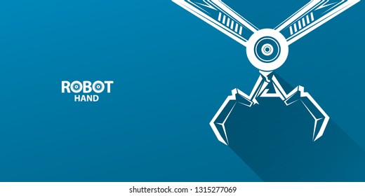 vector robotic arm symbol on blue horizontal banner background. robot hand. Horizontal technology background design template. 