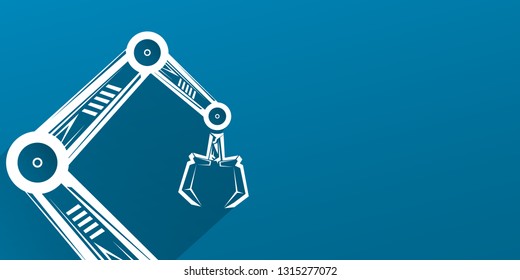 vector robotic arm symbol on blue horizontal banner background. robot hand. Horizontal technology background design template. 