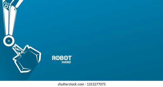 vector robotic arm symbol on blue horizontal banner background. robot hand. Horizontal technology background design template. 