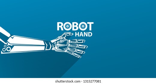 vector robotic arm symbol on blue horizontal banner background. robot hand. Horizontal technology background design template. 