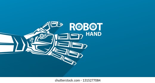 vector robotic arm symbol on blue horizontal banner background. robot hand. Horizontal technology background design template. 