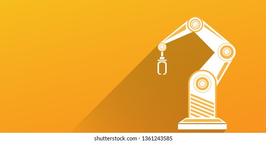vector robotic arm symbol on orange horizontal banner background. robot hand. Horizontal technology background design template