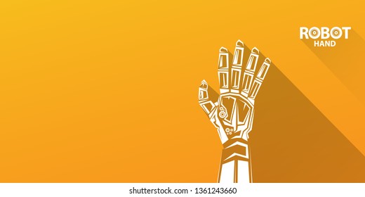 vector robotic arm symbol on orange horizontal banner background. robot hand. Horizontal technology background design template