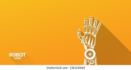 vector robotic arm symbol on orange horizontal banner background. robot hand. Horizontal technology background design template