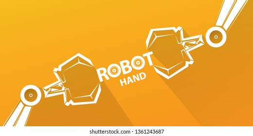 vector robotic arm symbol on orange horizontal banner background. robot hand. Horizontal technology background design template