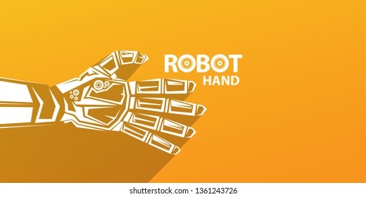vector robotic arm symbol on orange horizontal banner background. robot hand. Horizontal technology background design template