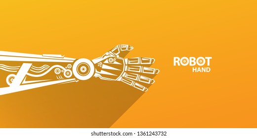 vector robotic arm symbol on orange horizontal banner background. robot hand. Horizontal technology background design template