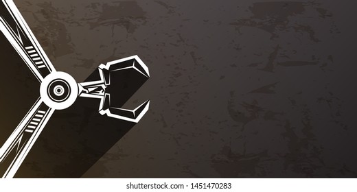vector robotic arm symbol on grunge grey horizontal banner background. robot hand. Horizontal technology background design template. 