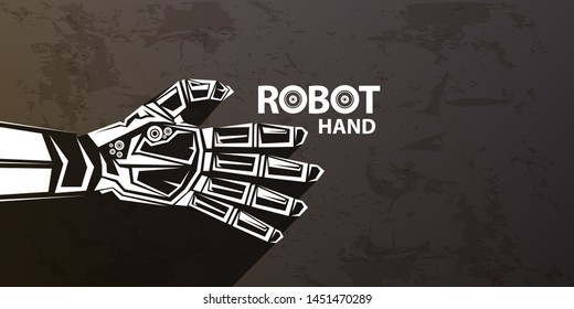 vector robotic arm symbol on grunge grey horizontal banner background. robot hand. Horizontal technology background design template. 