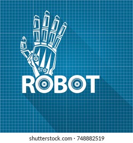 vector robotic arm symbol on blueprint paper background. robot hand. technology background design template. 