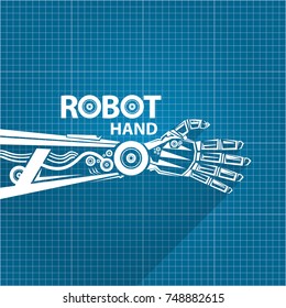 vector robotic arm symbol on blueprint paper background. robot hand. technology background design template. 