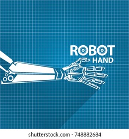vector robotic arm symbol on blueprint paper background. robot hand. technology background design template. 