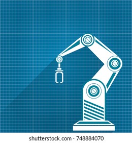 vector robotic arm symbol on blueprint paper background. robot hand. technology background design template. 