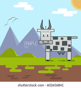 Vector robotic cow illustration. Flat image on the stylized meadow.