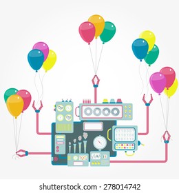 Vector - Robotic machine with grippers holding balloons. Conceptual. Machine and balloons.