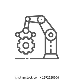 Vector robotic manipulator arm with cogwheel, working mechanism, production line icon. Symbol and sign illustration design. Isolated on white background