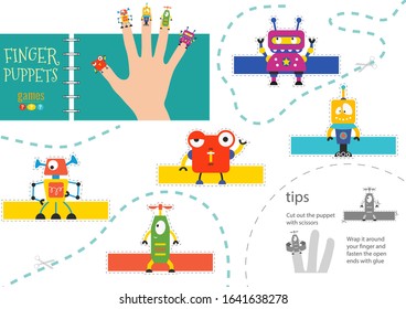 Vector robotics as finger puppets. Cut and glue activity for preschool kids. Cute paper futuristic robot characters