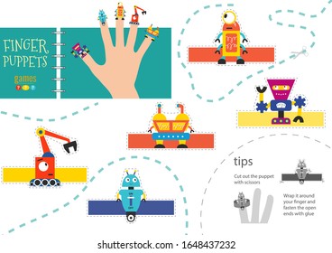 Robótica vectorial como marionetas con los dedos. Cortar y pegar acertijo para los niños en edad preescolar. Robots futuristas de papel recortado