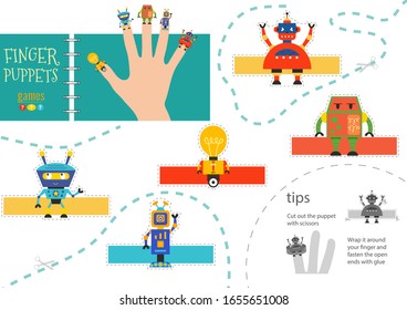Vector robotics as finger puppets. Cut and glue educational activity for preschool kids. Cute paper futuristic robot characters