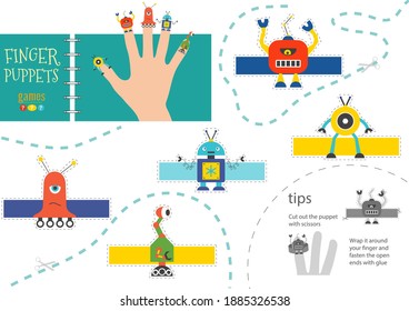 Vector robotics as finger puppets. Cut and glue activity for preschool kids. Cute paper  robot characters