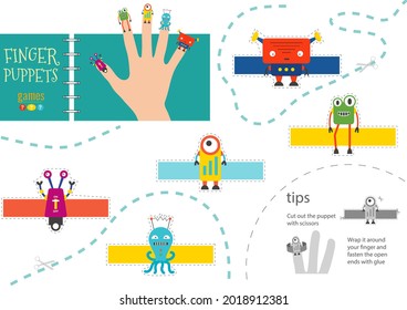 Vector robotics as finger puppets. Cut and glue activity for preschool kids. Cute paper  robot characters